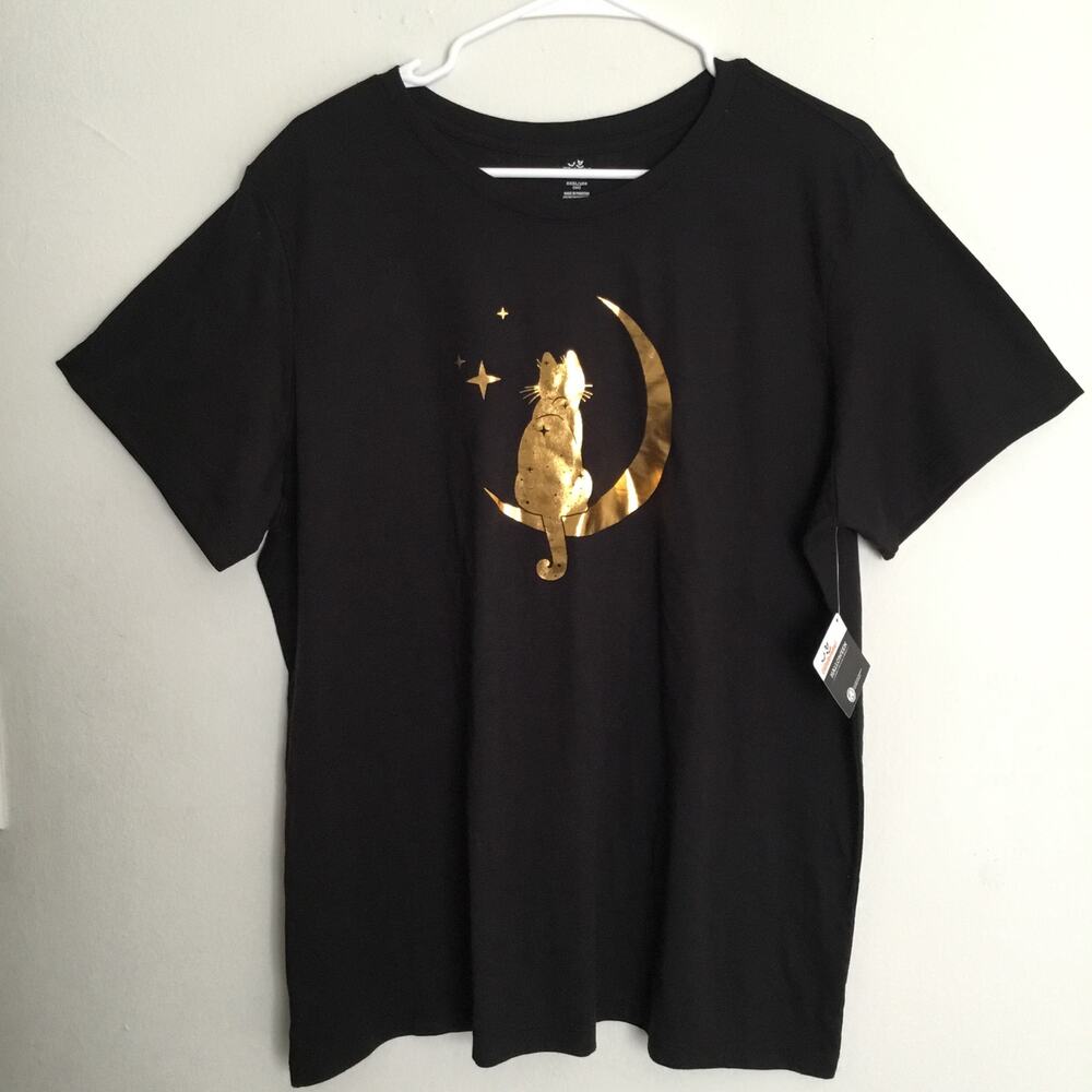 Women's Black Tee with Gold Cat Crescent Moon - Unbranded